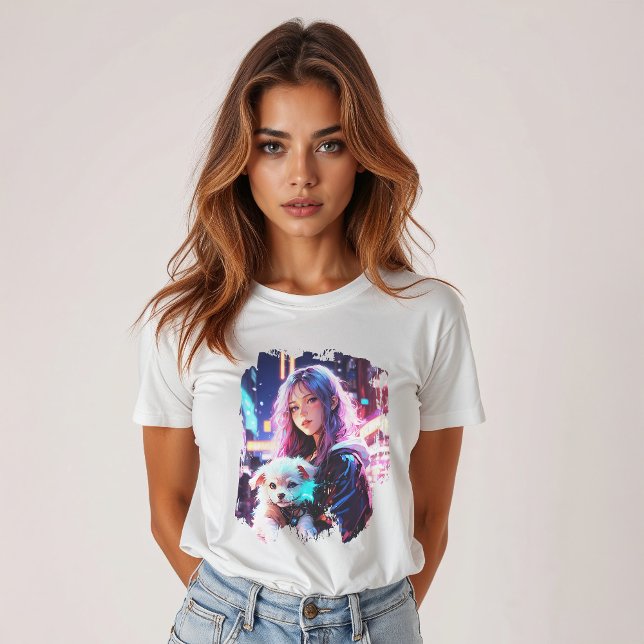 Anime Girl and Puppy: Whimsical Night City T-Shirt (Creator Uploaded)