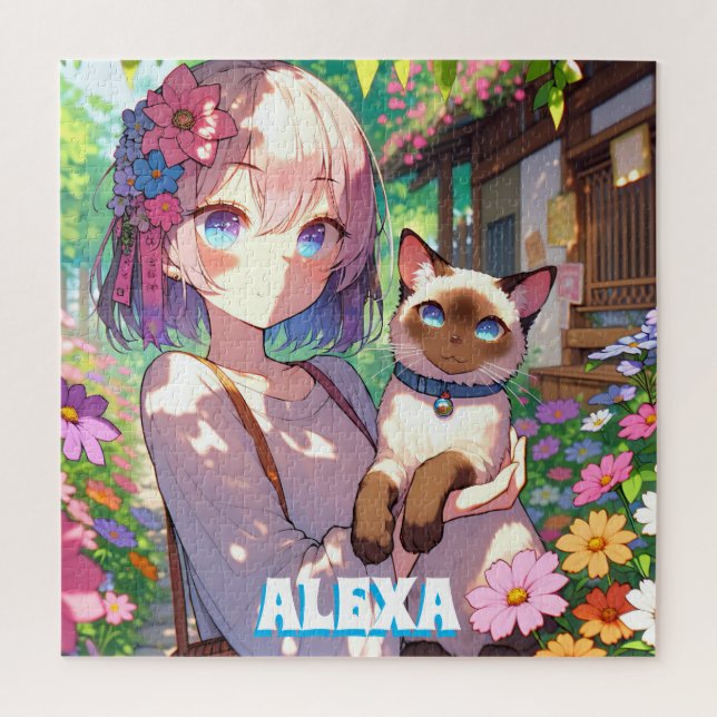 Anime Girl and Siamese Cat Personalised Jigsaw Puzzle (Vertical)