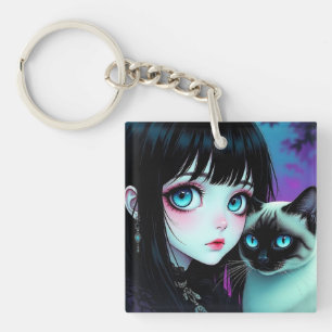 Anime Girl and Siamese Cat Personalised Key Ring