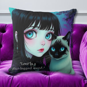 Anime Girl and Siamese Cat Quote  Cushion