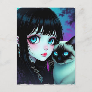  Anime Girl and Siamese Cat   Saying Hi Postcard
