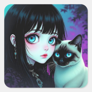  Anime Girl and Siamese Cat  Square Sticker