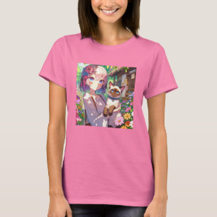 Anime Girl and Siamese Cat  T-Shirt