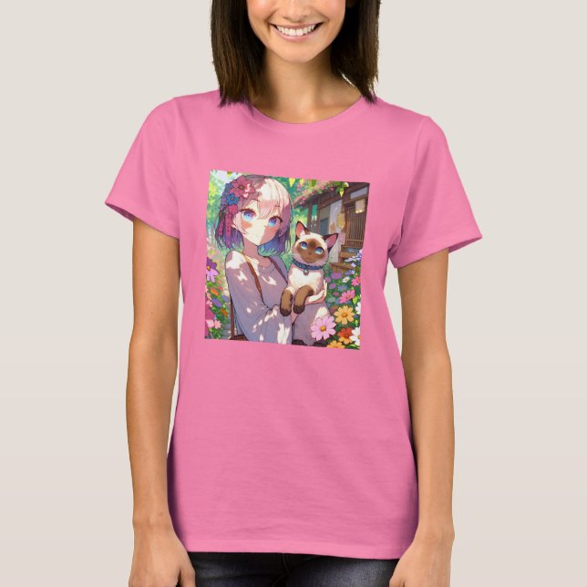 Anime Girl and Siamese Cat  T-Shirt (Front)