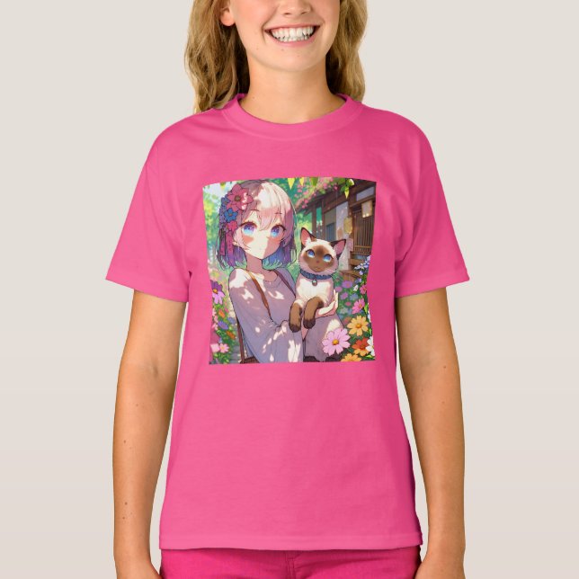 Anime Girl and Siamese Cat  T-Shirt (Front)