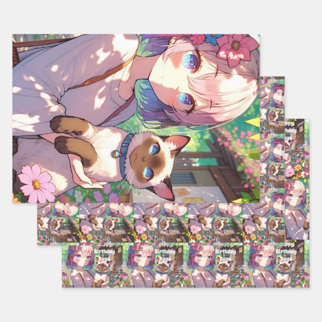 Anime Girl and Siamese Cat To and From Birthday Wrapping Paper Sheet (Set)