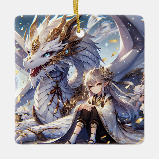 Anime Girl and White and Gold Dragon  Ceramic Ornament (Front)