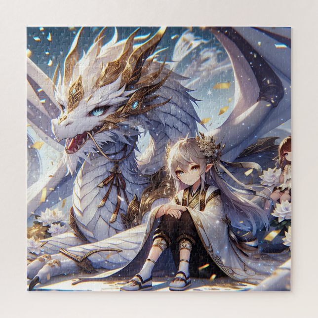 Anime Girl and White and Gold Dragon  Jigsaw Puzzle (Vertical)