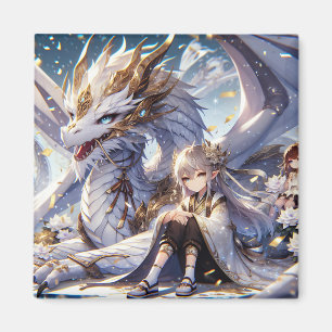 Anime Girl and White and Gold Dragon Magnet