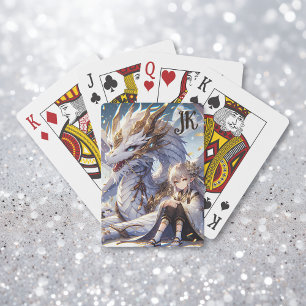 Anime Girl and White and Gold Dragon Monogrammed Playing Cards