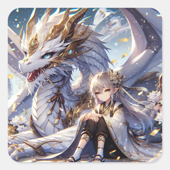Anime Girl and White and Gold Dragon  Square Sticker (Front)
