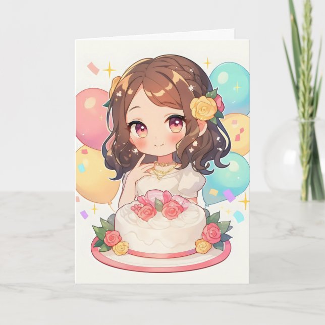 Anime Girl Birthday Cake Holiday Card (Front)