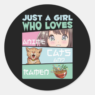 Anime Girl Cat and Ramen addicted Japanese Noodles Classic Round Sticker