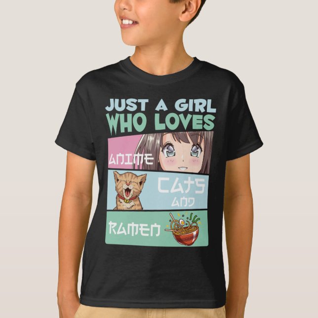 Anime Girl Cat and Ramen addicted Japanese Noodles T-Shirt (Front)