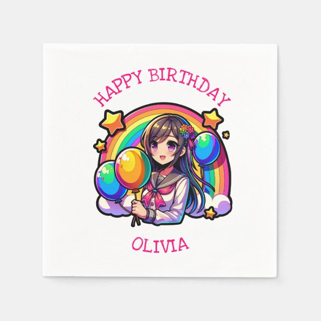 Anime Girl Colourful Pop Art Birthday Personalised Napkin (Front)