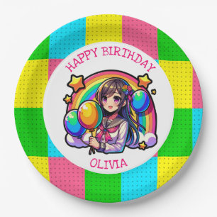 Anime Girl Colourful Pop Art Birthday Personalised Paper Plate