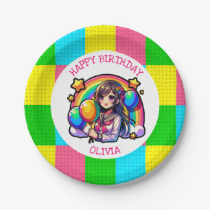 Anime Girl Colourful Pop Art Birthday Personalised Paper Plate