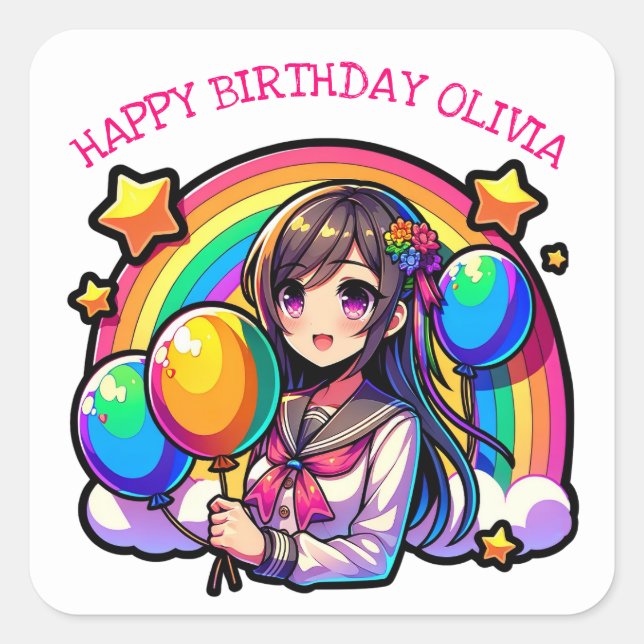Anime Girl Colourful Pop Art Birthday Personalised Square Sticker (Front)