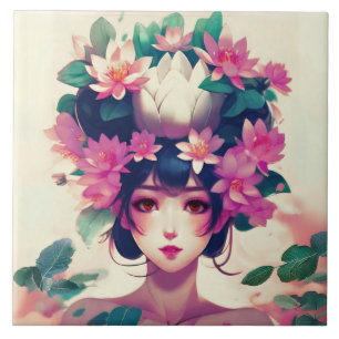 Anime Girl Crowned with Lotus Blossoms Tile
