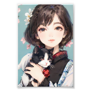 Anime Girl Cuddling a Cat Floral Portrait Photo Print