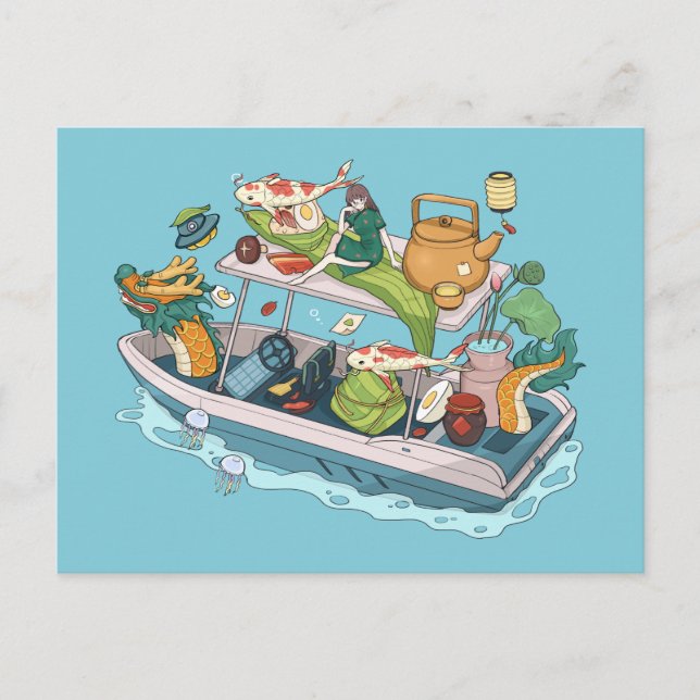 anime girl dragon boat vegetables  postcard (Front)