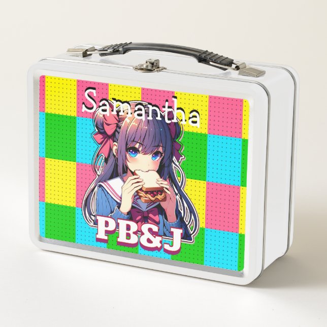 Anime Girl eating a PB&J Sandwich  Metal Lunch Box (Front)