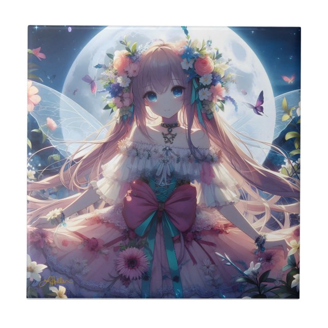 Anime Girl Flower Moon Fairy Tile (Front)