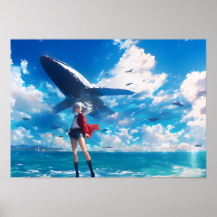 Anime Girl Flying Whale Blue Sea Horizontal  Poster