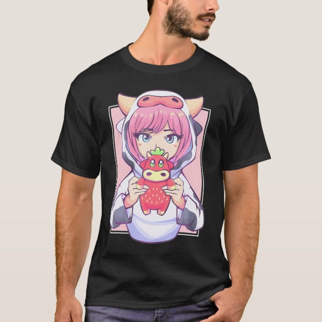 Anime Girl For Cow Lovers And Strawberry Kawaii Co T-Shirt (Front)