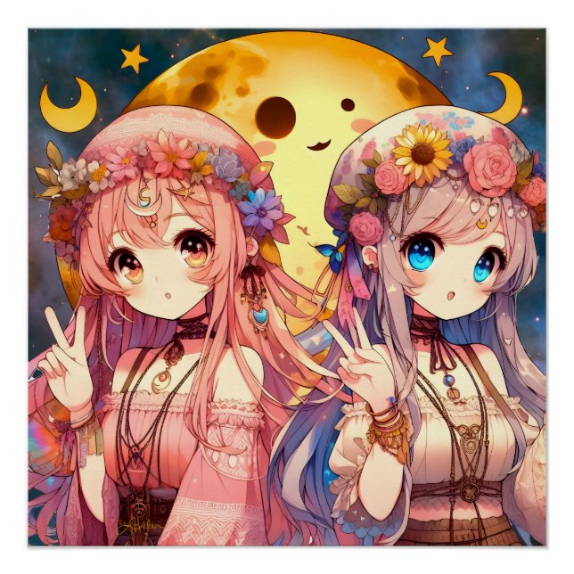 Anime Girl Hippie Moon Girls Giving Peace Sign (Front)