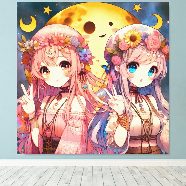 Anime Girl Hippie Moon Girls Giving Peace Sign (Insitu(Wood Floor))