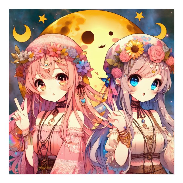 Anime Girl Hippie Moon Girls Giving Peace Sign (Front)