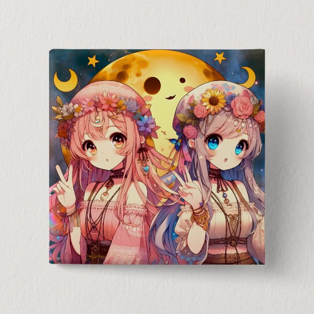 Anime Girl Hippie Moon Girls Giving Peace Sign 15 Cm Square Badge (Front)