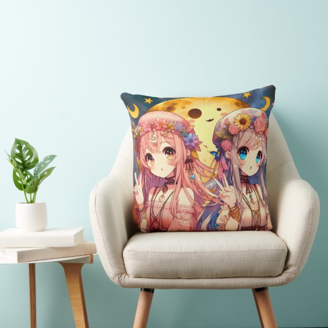 Anime Girl Hippie Moon Girls Giving Peace Sign Cushion (Chair)