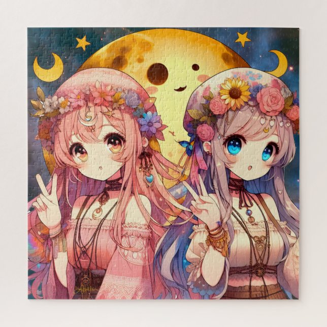 Anime Girl Hippie Moon Girls Giving Peace Sign Jigsaw Puzzle (Vertical)