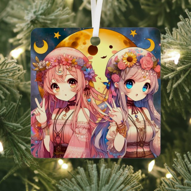 Anime Girl Hippie Moon Girls Giving Peace Sign Metal Tree Decoration (Insitu)