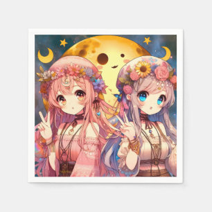 Anime Girl Hippie Moon Girls Giving Peace Sign Napkin
