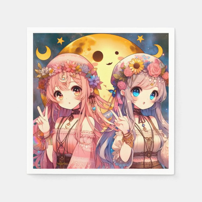 Anime Girl Hippie Moon Girls Giving Peace Sign Napkin (Front)