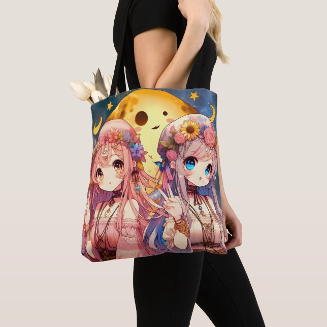 Anime Girl Hippie Moon Girls Giving Peace Sign Tote Bag (Close Up)