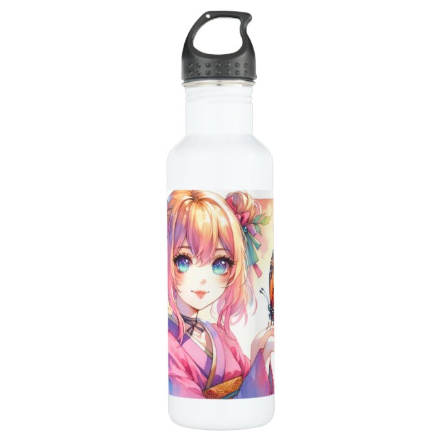 Anime Girl Holding a Butterfly 710 Ml Water Bottle (Front)