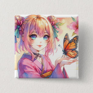 Anime Girl Holding a Butterfly Ai Art 15 Cm Square Badge