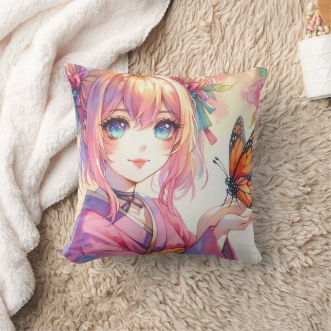 Anime Girl Holding a Butterfly Personalised Cushion (Blanket)