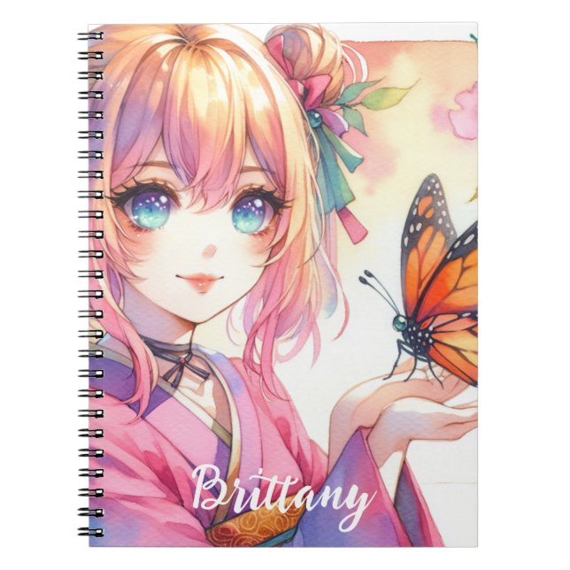 Anime Girl Holding a Butterfly Personalised Notebook (Front)