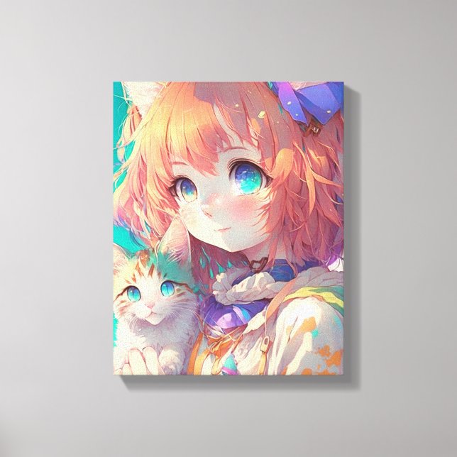 Anime Girl Holding an Adorable Kitten Canvas Print (Front)