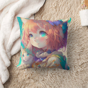 Anime Girl Holding an Adorable Kitten Cushion