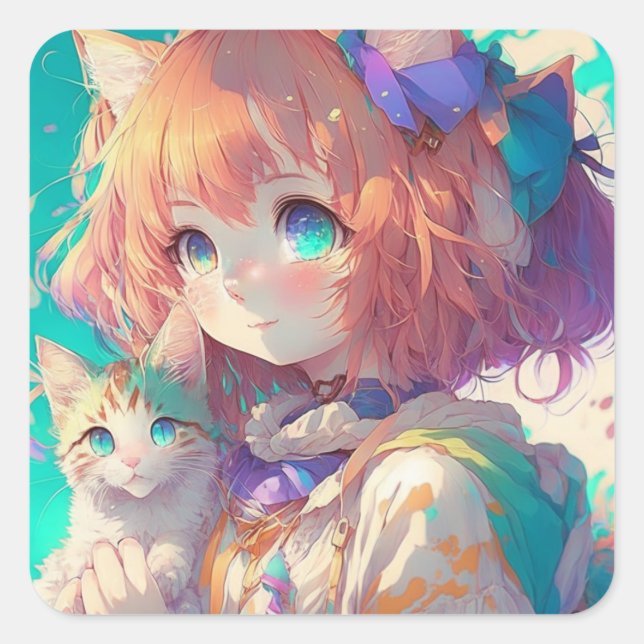 Anime Girl Holding an Adorable Kitten Square Sticker (Front)