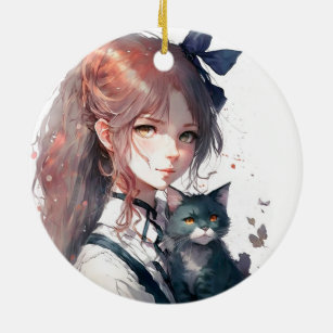 Anime Girl Holding Her Cat Watercolor Portrait Ceramic Tree Decoration