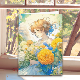 Anime Girl in Flowers   Thinking About You Card