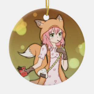 Anime Girl in Fox Cosplay Ceramic Tree Decoration