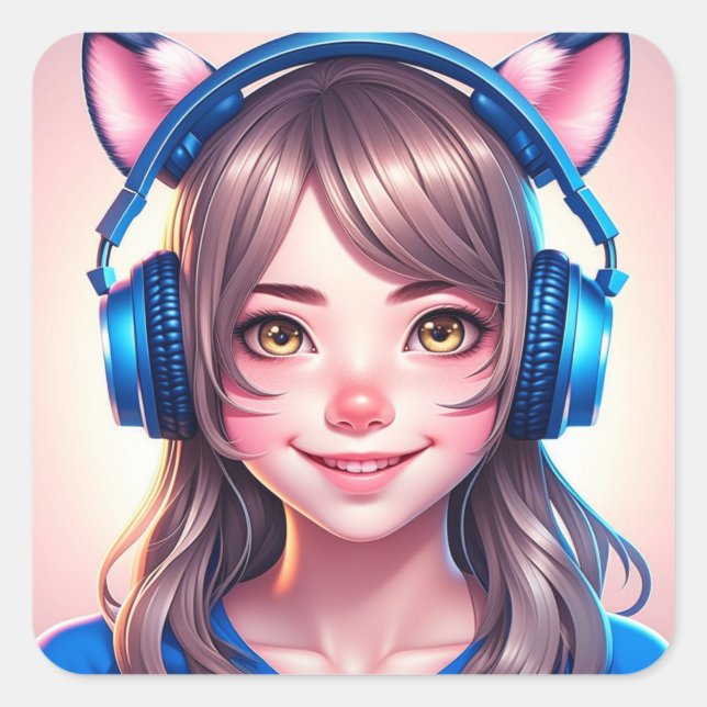 Anime Girl in Gaming or Music Headphones Square Sticker (Front)